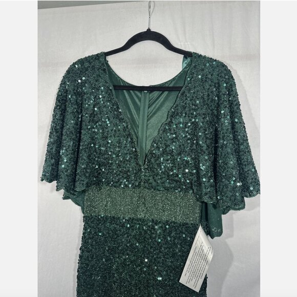 NWT $698 Mac Duggal [ 4 ] Sequined V Neck Cape Sleeve‎ Beaded Gown Green #Q745 - Picture 9 of 16